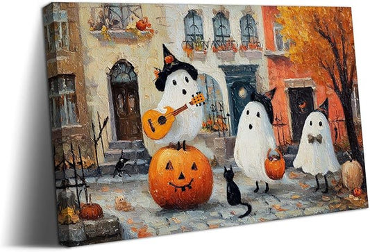 Laoife Vintage Halloween Canvas Wall Art, Autumn Pumpkin Cute Ghost Canvas Prints, Halloween Party House Decoration (Ghost 5)