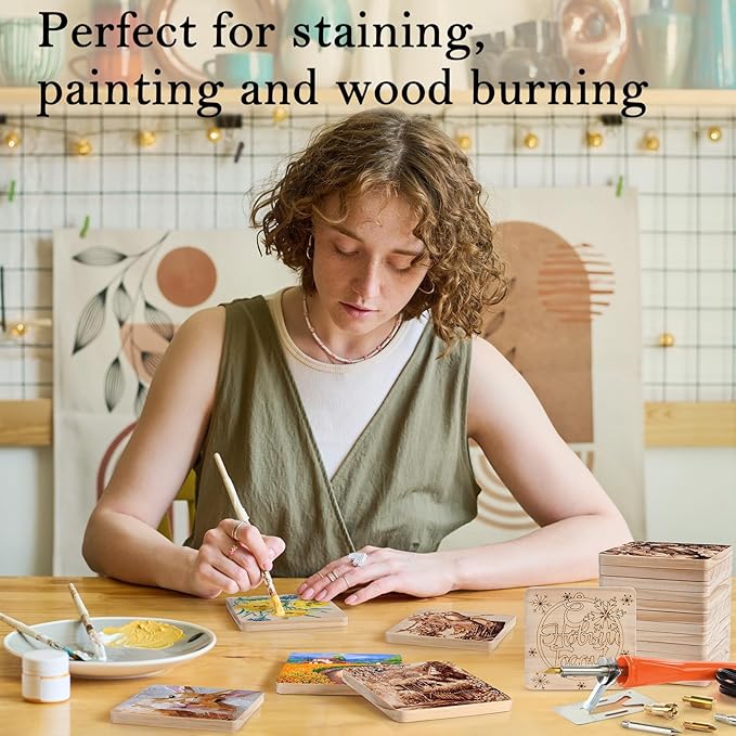 36 Pieces Unfinished Wood Coasters, GOH DODD 4 Inch Wooden Blanks with Non-Slip Pads for Laser Engraving Wood Burning Staining Painting Decoupage Housewarming Gifts Wedding Crafts Education, Square