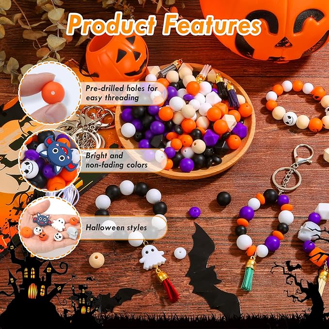221PCS Halloween Silicone Beads for Keychain Making, Silicone Focal Bead Bulk with 15mm 14mm Loose Bead, 14mm Hexagonal Rubber Bead, Wooden Bead, Silicone Abacus Bead for DIY Necklace Bracelet Lanyard