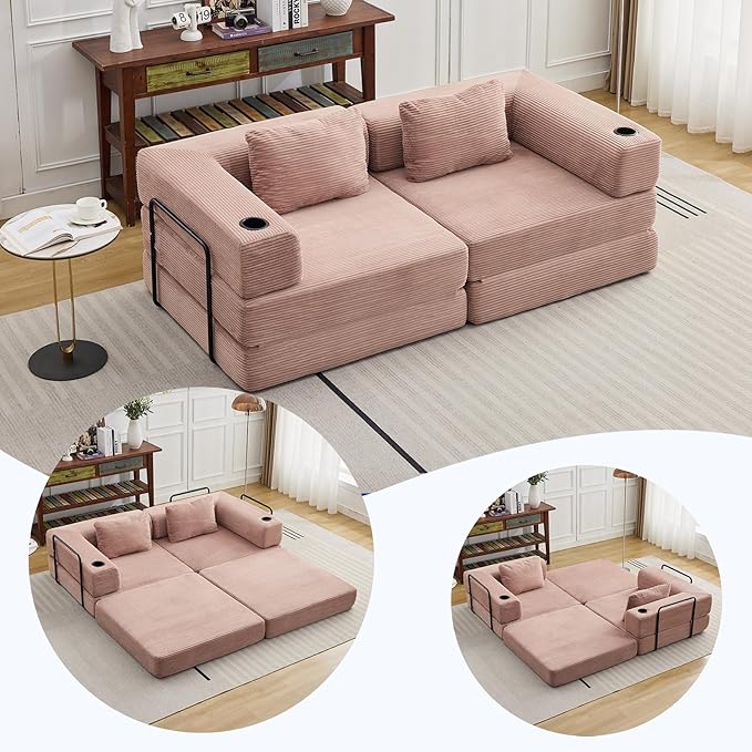 78" W Loveseat Sofa, 4 in 1 Convertible Floor Sofa Bed, Boneless Cloud Couch with Cup Holder, Fold Out Floor Couch, Loveseat Recliner Sleeper for Living Room Bedroom Lounge(Corduroy, White)