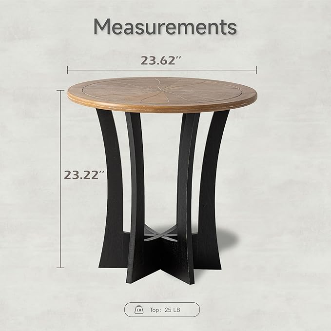 Farmhouse Round End Table with Criss-Cross Wood Legs, Rustic French Country Side Table for Dinning or Living Room, Modern, Black, Natural Wood, 23.62’’W*23.62’’D*23.22’’H