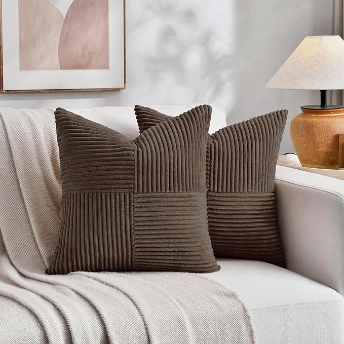 Fancy Homi 2 Packs Dark Brown Samll Decorative Throw Pillow Covers 14x14 Inch with for Couch Bed Sofa, Rustic Farmhouse Boho Home Decor, Soft Corss Patchwork Corduroy Square Cushion Case 35x35 cm