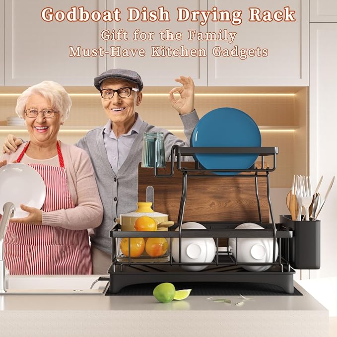 Godboat Dish Drying Rack, 2-Tier Dish Rack with Auto-Drain & Mat, Dish Racks for Kitchen Counter, Dish Drainer with Knife, Fork & Cup Rack, Gifts for Women, Mothers Day, Cool Stuff & Kitchen Gadgets