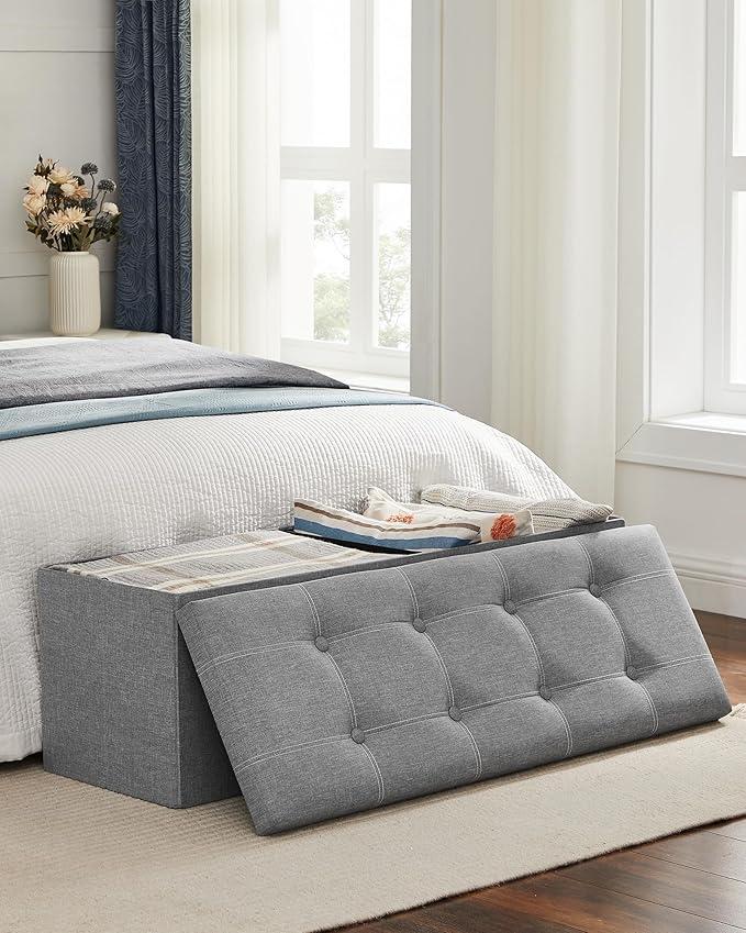 SONGMICS MAZIE Collection - 43 Inches Ottoman Storage Bench, 35 Gal. Folding Chest with Breathable Linen-Look Fabric, Load up to 660 lb, for Entryway, Living Room, Bedroom, Light Gray ULSF077G05