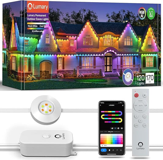 Lumary Permanent Outdoor Lights Pro 158ft for House, 120LED 50lm RGBAICW Smart Eave Lights, IP67 Waterproof, Multi Scenes for Daily and Holiday Accent Lighting Decor, Work with Alexa, Google, Remote