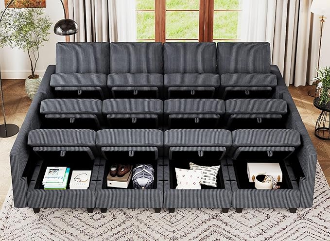 Belffin Oversized 12 Seat Modular Sectional Sleeper Sofa Convertible Sofa with Storage Seat Large Corduroy Modular Sectional Couch for Living Room Dark Grey