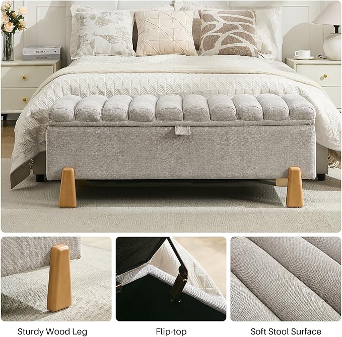 Storage Ottoman Bench, Bedroom Storage Bench Foot Rest with Legs, 17.1 x 48.6 x 18.5 Inches, End of Bed Bench, Load up to 500 lb, for Living Room, Bedroom, Entryway, Light Gray