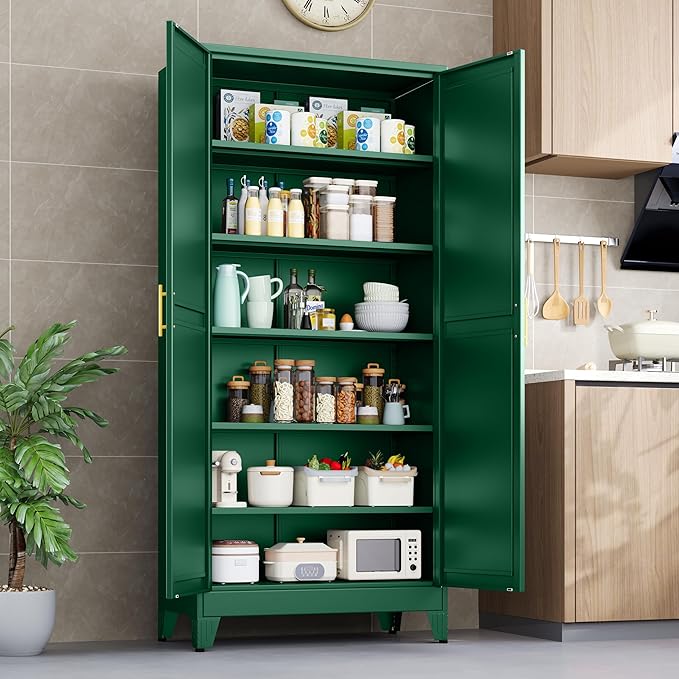 Kitchen Pantry Storage Cabinet with Doors and Adjustable Shelves, Metal ClosetMaid Food Pantry Cabinets, 75" Tall Freestanding Cupboard for Kitchen, Laundry or Utility Room, Green