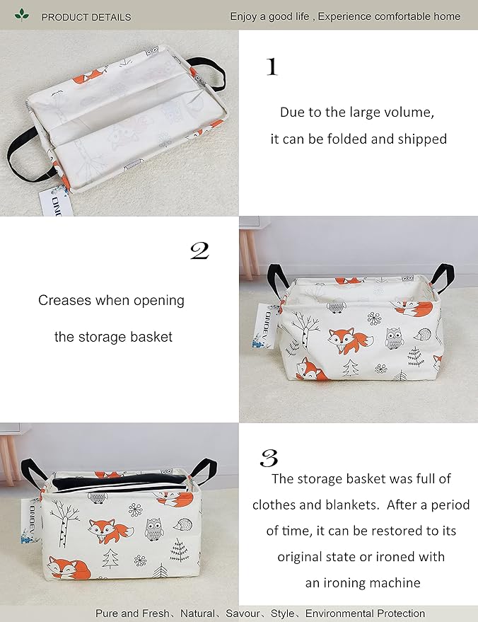 Rectangular Folding Laundry Basket,waterproof Canvas Basket,gift basket,Suitable for children's room,Office,Clothes,Toys Storage（Fox）