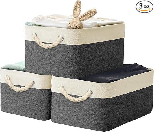SIMPLE HOUSEWARE Large Fabric Storage Bin, 15.7" x 12" with Braided Handles, 3 Pack, Dark Gray