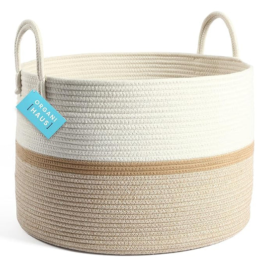 OrganiHaus Boho Woven Basket for Blankets and Laundry, Decorative Large Storage Bin for Living Room, Nursery Basket for Toys & Clothes, Soft Cotton Rope with Handles 20x13 inches - Striped Honey