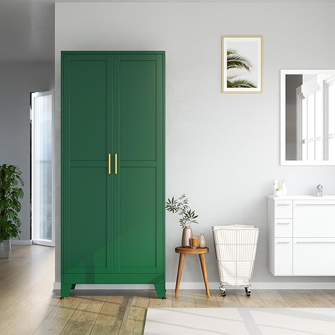 Kitchen Pantry Storage Cabinet with Doors and Adjustable Shelves, Metal ClosetMaid Food Pantry Cabinets, 75" Tall Freestanding Cupboard for Kitchen, Laundry or Utility Room, Green