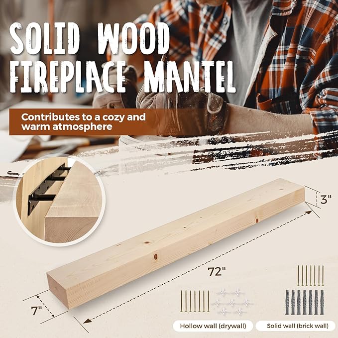 72x7x3 Fireplace Mantel - Solid Rustic Wood Wall Mounted Floating Shelf - DIY Color - with Invisible Heavy Duty Steel Bracket