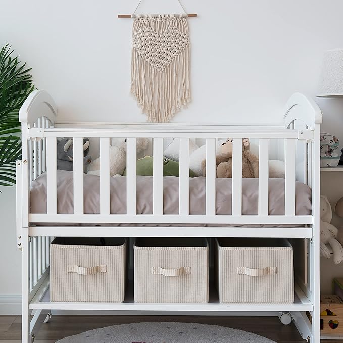 StorageWorks Storage Baskets for Shelves, Foldable Fabric Closet Storage Bins with Handles, Fabric Storage Bins Clothes Organizer, Beige Stripes, 3-Pack, Large