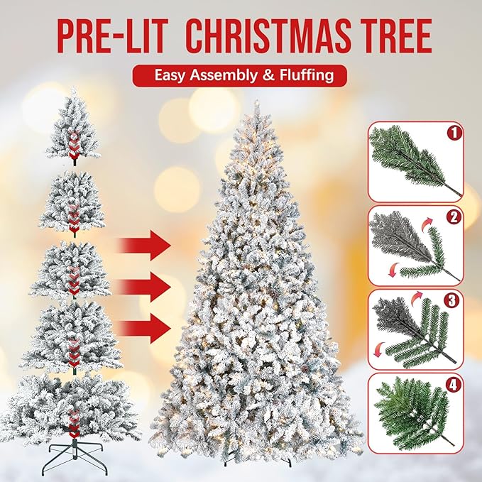 9 ft Prelit Flocked Christmas Tree with Pine Cones & 850 UL Lights, Snow Frosted Artificial Christmas Tree with Auto Hinged Stand for Holiday Decor
