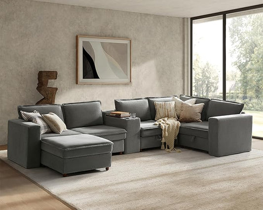 HULALA HOME Modular Sectional Sofa with USB Port and Console, 6 Seater Sofa with Storage Ottoman, Oversized U Shaped Couches for Living Room, FSC Certified, Grey