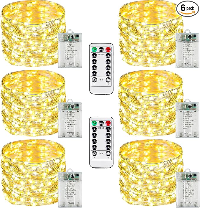 6 Pack Fairy Lights Battery Operated with Remote Control Timer, 26 FT 80 LED String Lights Outdoor Indoor, 8 Mode Twinkle Lights for Christmas Party Wedding Birthday Bedroom Decorations (Warm White)