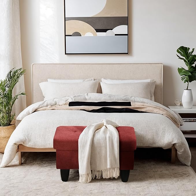 Ottoman Rectangular Storage Ottoman Bench, Flannel Footrest Stool Footstool with Lid for Living Room, Bedroom, Entryway, Red, 28.5"x19"x17.5"