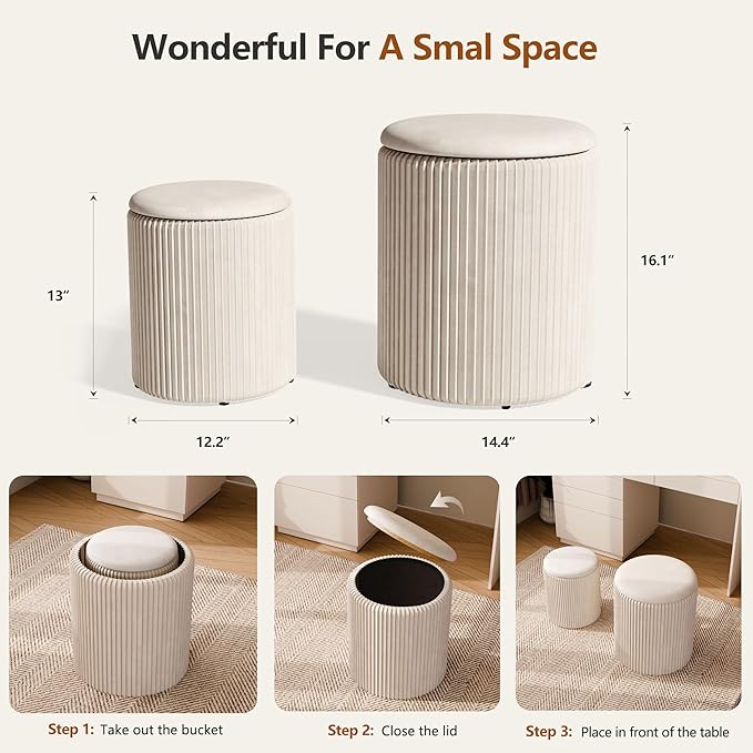 Ottoman with Storage Set of 2, Velvet Storage Ottoman, Upholstered Sponge Vanity Stool Support 300lbs, Multifunctional Coffee Table Foot Rest Ottomans for Living Room Bedroom, Beige