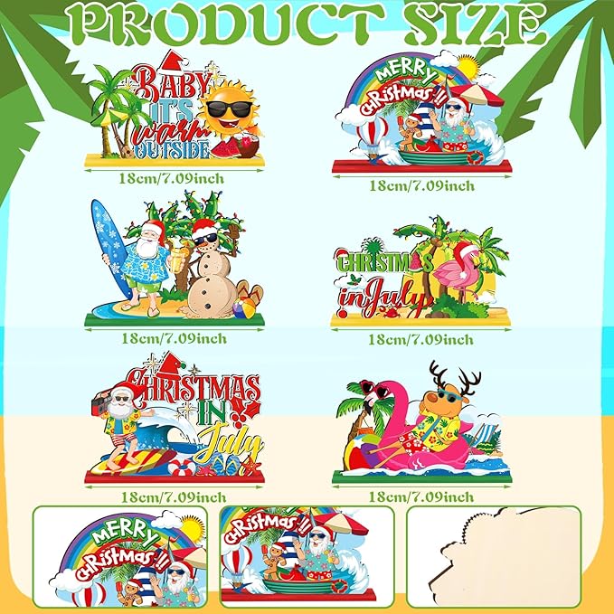 6 Pcs Summer Christmas in July Wooden Table Decoration July Summer Table Centerpiece Sets Decor Christmas Party Supplies Santa Flamingo Palm Tree Beach Party Table Decorations Holiday Xmas Supplies