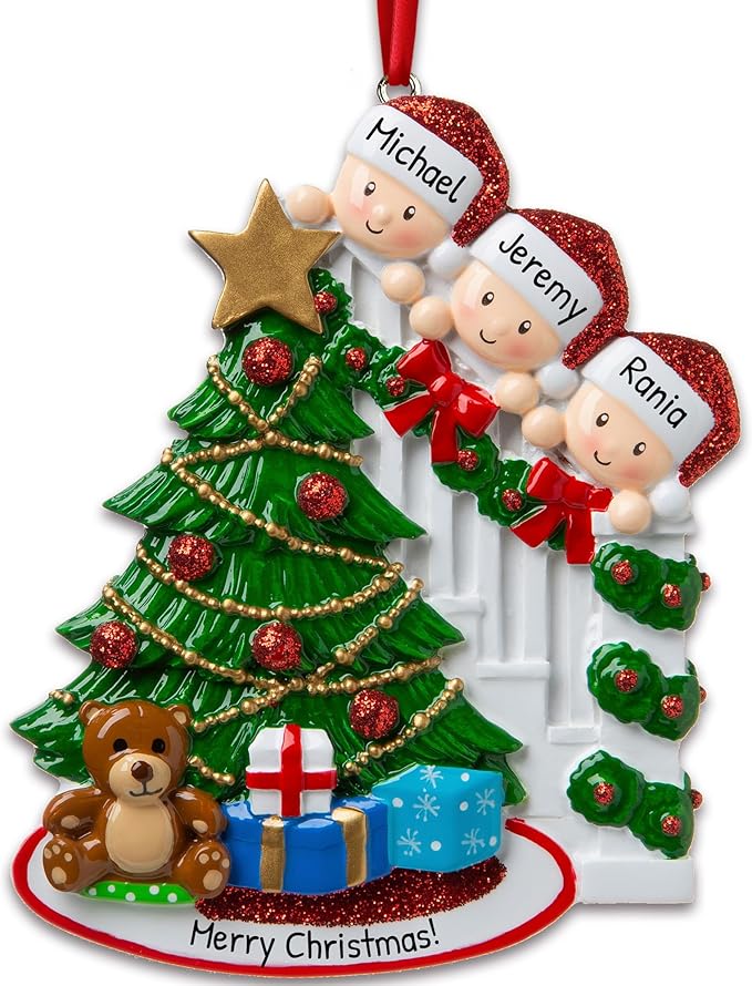 3D Peeking Family of 3 Ornament 2025 Personalized Family Christmas Ornaments 2025 | Staircase Personalized Tree Ornaments for Grandchildren, Siblings & Grandkids Xmas Tree with Gift of Three Ornament