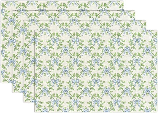 Green Leaf Placemats Set of 4, Blue Bow Table Mat for Home Kitchen, Restaurants, Outdoor Linen Washable Place Mats 12x18 inch Party Event Dining Decoration-01