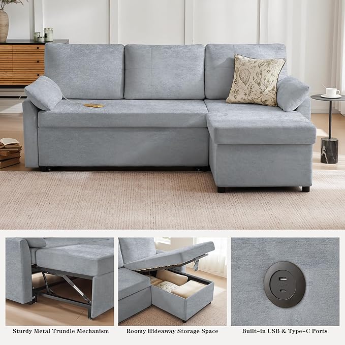 Waxberry Sectional Sofa Couch, Pull Out Couch Sleeper Sofa Bed with Storage for Living Room, Reversible Chaise, Side Pockets & Dual USB/Type-C Ports, Grey