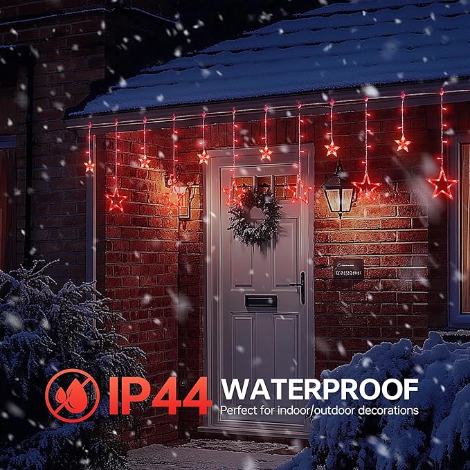 Red Christmas Star Icicle Lights,8.2FT 126LED Curtain String 8 Modes Memory Timer,Connectable Plug in Waterproof for Halloween/Valentine's Day/Patio/Wedding/Party/Xmas Indoor Outdoor Decor,Red