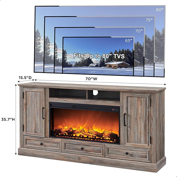 Fireplace TV Stand for 80 Inch TV, 35.7" Tall Farmhouse Entertainment Center W/36'' Electric Fireplace, Media Console with Large Storage Cabinets and Drawers for Living Room, Purple Oak