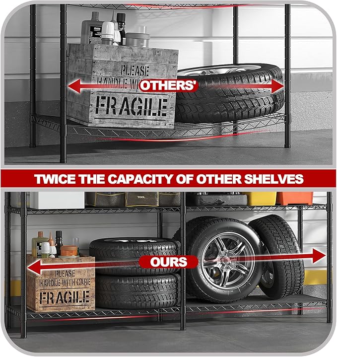 REIBII 5 Tier Wire Shelving Storage Shelves Loads 1430LBS, 58" W Metal Shelving Unit for Storage Adjustable Heavy Duty Garage Shelving Pantry Shelves Kitchen Shelving, Black, 2 Pack