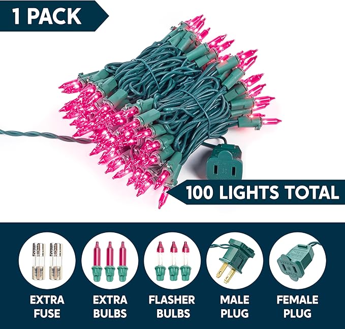 Joiedomi Pink Christmas String Lights,100 Count 21.4FT Fairy Tree Lights Plug in for Indoor Outdoor Xmas Valentines Decor Patio Holiday Theme Party Yard House,Green Wire