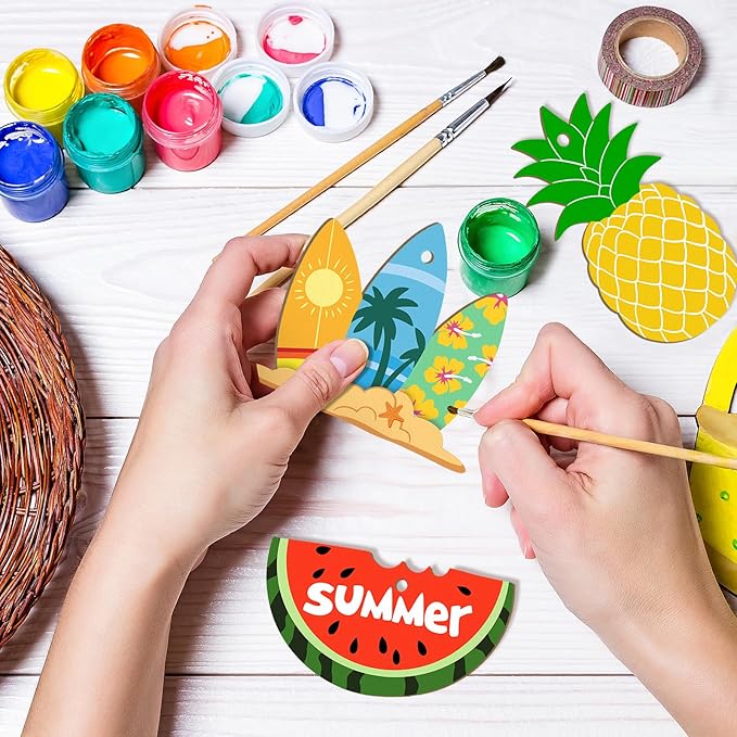 36PCS Wooden Summer Ornaments to Paint, 12 Styles DIY Blank Unfinished Wood Beach Cutouts Ornament for Crafts Hanging Decorations, Watermelon Surfboard Slippers Coconut Tree Home Decorations Gifts