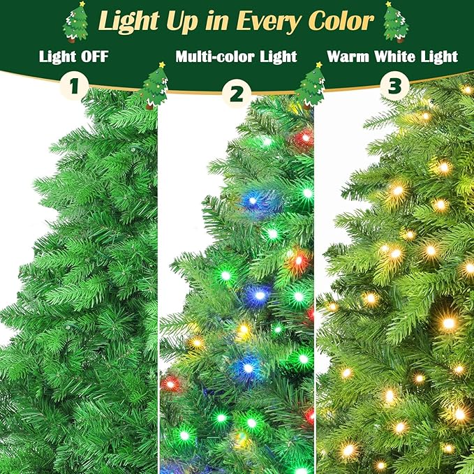 9FT Pre-Lit Christmas Tree with Remote Control, Multi-Color LED Lights, Musical Rotating Christmas Tree Stand, Easy Assembly in 3 Sections, Foldable Metal Stand for Home Holiday Decor