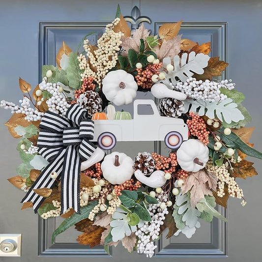 Fall Wreath for Front Door,20 inch White Pumpkin Door Wreath with Truck and Bow, Harvest Porch Decor, Fall Decoration Indoor Outdoor,