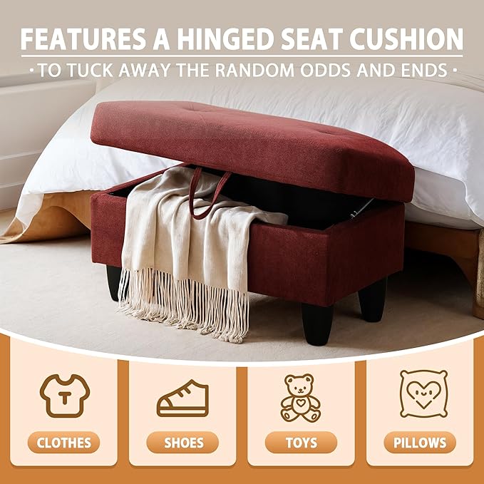 Ottoman Rectangular Storage Ottoman Bench, Flannel Footrest Stool Footstool with Lid for Living Room, Bedroom, Entryway, Red, 28.5"x19"x17.5"