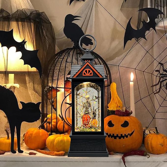 Halloween Snow Globe Lantern with 6 Hour Timer,Halloween Decorations Indoor for Home,Halloween Decor,USB or Battery Powered for Halloween Lanterns,Halloween Skeleton-B