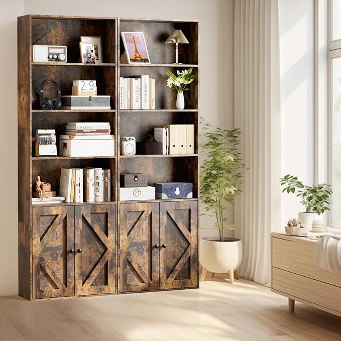 Tall Brown Wooden Bookshelf with Cabinet and Doors – 70.86" Bookcase with Doors, 6 Shelf Freestanding Tall Book Shelf for Living Room Storage, Bedroom, Home Office Organization – Brown Bookcase Wood