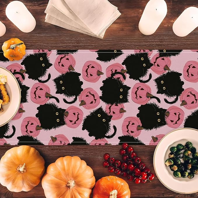 Halloween Table Runner Black Cat Pink Pumpkins Seasonal Kitchen Dining Table Home Outdoor Party Decorations 13x60 Inch