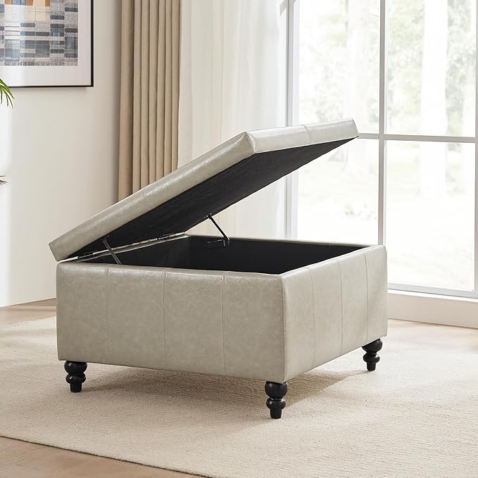 HUIMO Square Storage Ottoman, Tufted Leather Ottoman for Living Room (Khaki)