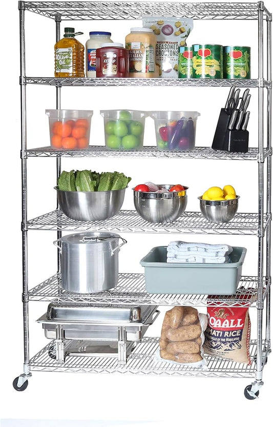 Seville Classics UltraDurable Heavy Duty NSF Solid Steel Wire Rack Storage Unit Wheels, 6-Tier Shelving, 48" W x 18" D
