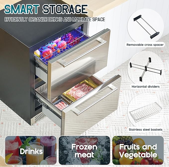 Albott 24 Inch Under Counter Drawer Fridge – Stainless Steel Dual-Zone Beverage Refrigerator with LED Touch Control, Adjustable Storage, Frost-Free, Low Noise, 37℉-50℉, -0.4℉ to 37℉