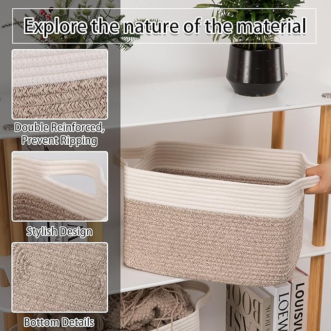 OIAHOMY 3 Pack Storage Baskets for Organizing, 13''X9.85''X8.7'' Storage Bins,Woven Basket with Handles, Toy Storage Bin,Stylish Room Decor Basket, white & Brown variegated