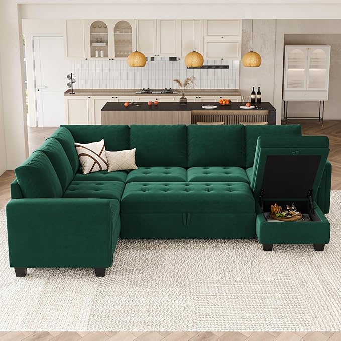 Belffin Modular Sectional Sleeper Sofa with Pull Out Bed U Shaped Sectional Sofa Couch with Storage Ottoman Velvet Covertible 7-Seater Sofa for Living Room Green