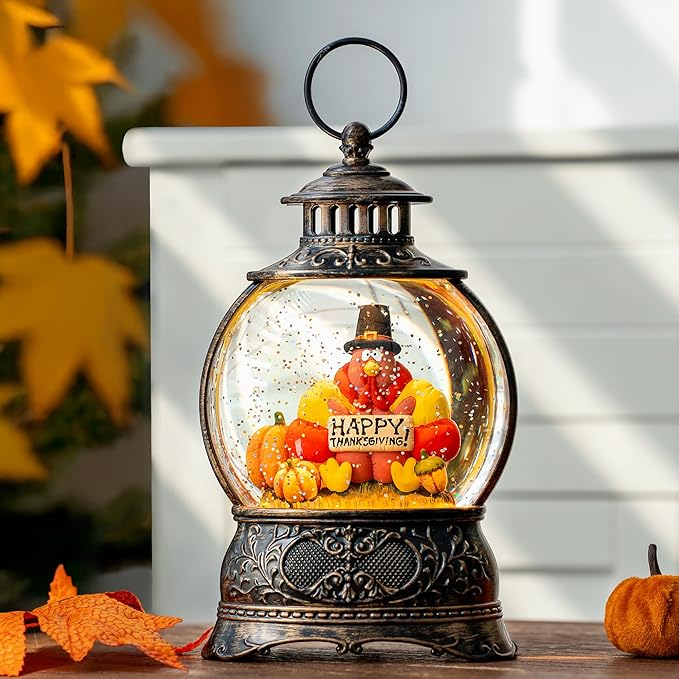 Fall Snow Globe Lantern with Autumn Turkey and Pumpkins Thanksgiving LED Decor for Home, Indoor Tabletop Centerpiece with Glitter Flakes, Harvest Light Decorations