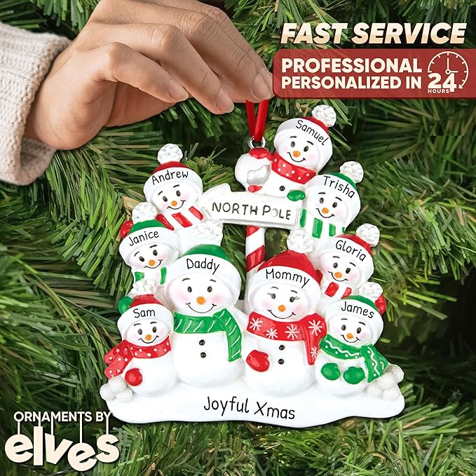3D Frosty Snowman Family of 9 Christmas Ornament 2025 Personalized Family Christmas Ornaments 2025 | Winter Holiday Snowmen Personalized Tree Ornaments Customizable Gifts Snow People of Nine Ornament