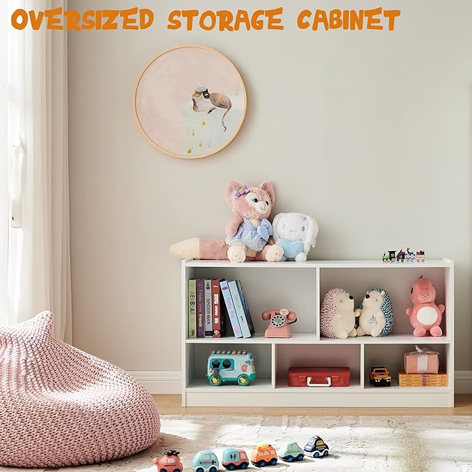 Toy Organizers and Storage, 5-Section Kids Bookshelf for Organizing Books Toys, School Classroom Wooden Storage Cabinet for Children's Room, Playroom, Nursery