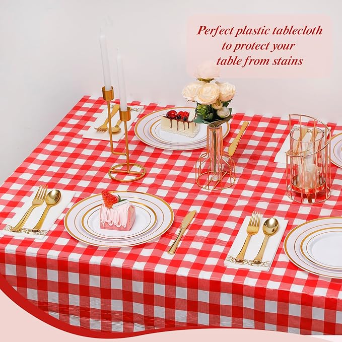 Goodluck 54 Inch X 100 Feet Plastic Table Cloths with Cutter Box, Red Checkered Disposable Table Cover Roll, Plastic Tablecloth for Party, Wedding, Birthday, Anniversary, Thanksgiving, Christmas