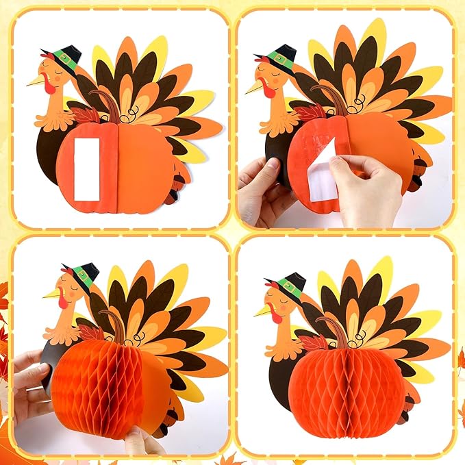 6 Pcs Fall Centerpiece Table Decorations Turkey Centerpiece Thanksgiving Table Decor 3D Paper Turkey Honeycomb Standing Decorations for Autumn Harvest Party Kitchen Tabletop Home Decor