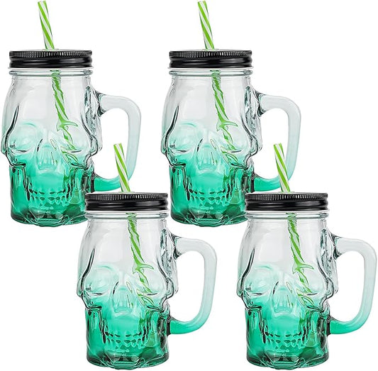 Halloween Cups Set of 4 - Green Skull Glass Drinking Jar with Lids and Straws - Halloween Decor, Drinking Glasses 16 oz