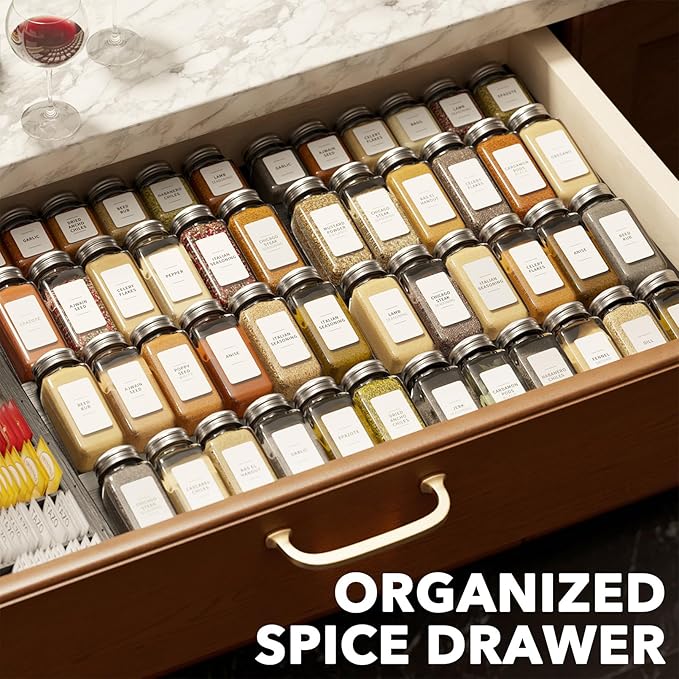 SpaceAid Bamboo Black Spice Drawer Organizer, (Need 3" Deep Drawer) Expandable 4 Tier Spices Rack for Cabinet, Kitchen Seasoning Storage Insert (Jars Not Included, From 12" to 23" Wide)